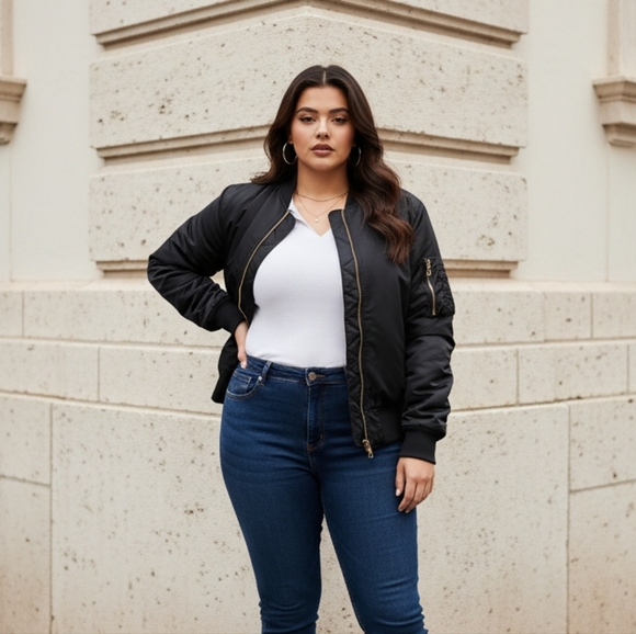 Women's Black Bomber Jacket with Orange Lining - Picture 8 of 14